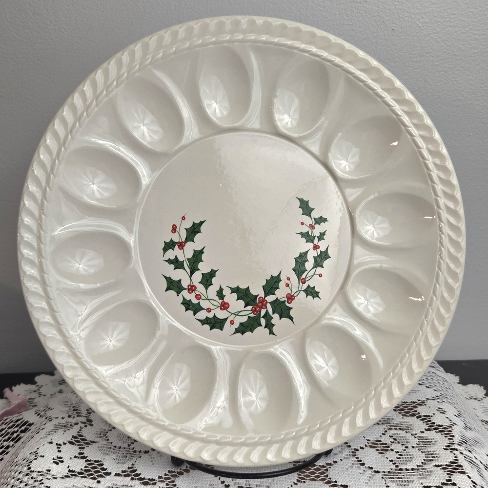 Christmas Devilled Egg Plate with Holly Design